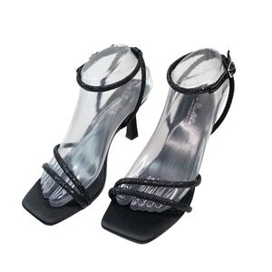 Mostrin Black Satin Rhinestone Ankle Strap Square Toe Stiletto Sandals Size 38